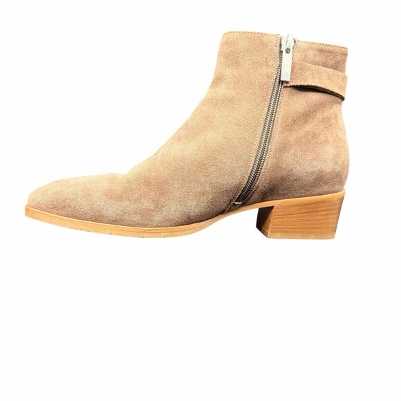 Aquatalia Faria Taupe Suede Buckle Ankle Boots 9.5 Waterproof Low Heel - Picture 10 of 11